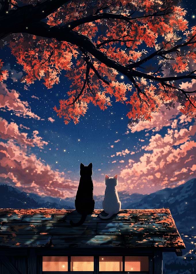 Two Cats Watching the Starry Sky