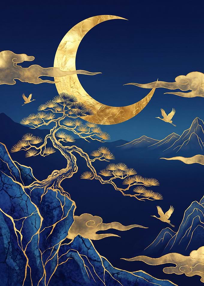 Golden Crescent Moon and Bonsai Landscape