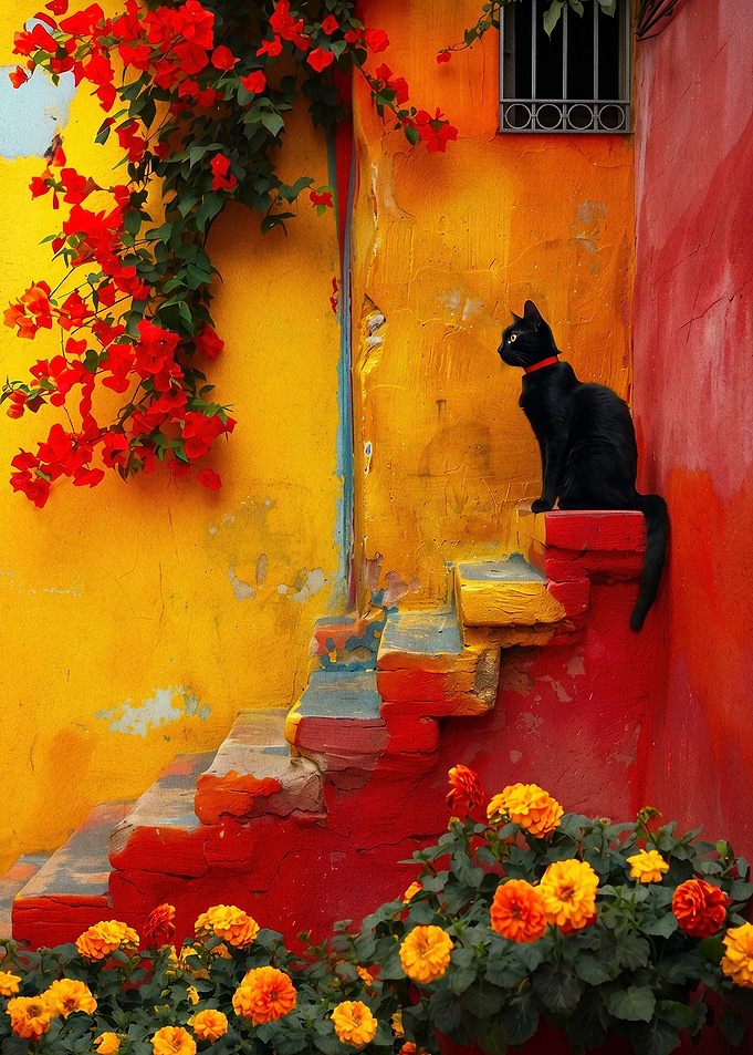 Black Cat on Colorful Stairs