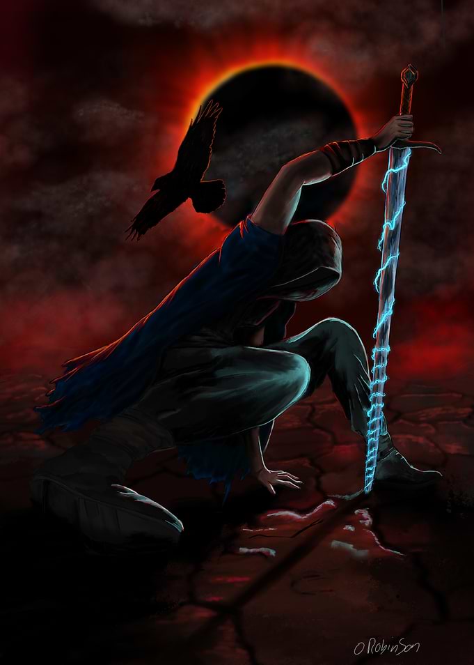 Warrior Kneeling Under Dark Eclipse