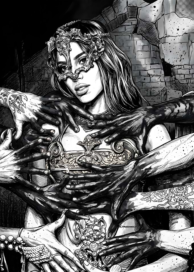 Woman in Mask Surrounded by Hands