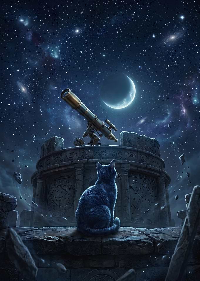 Cat gazing at the starry sky