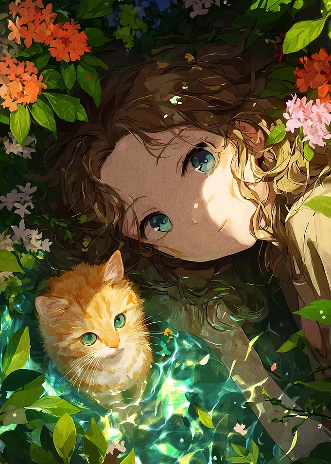Girl and Kitten in Garden