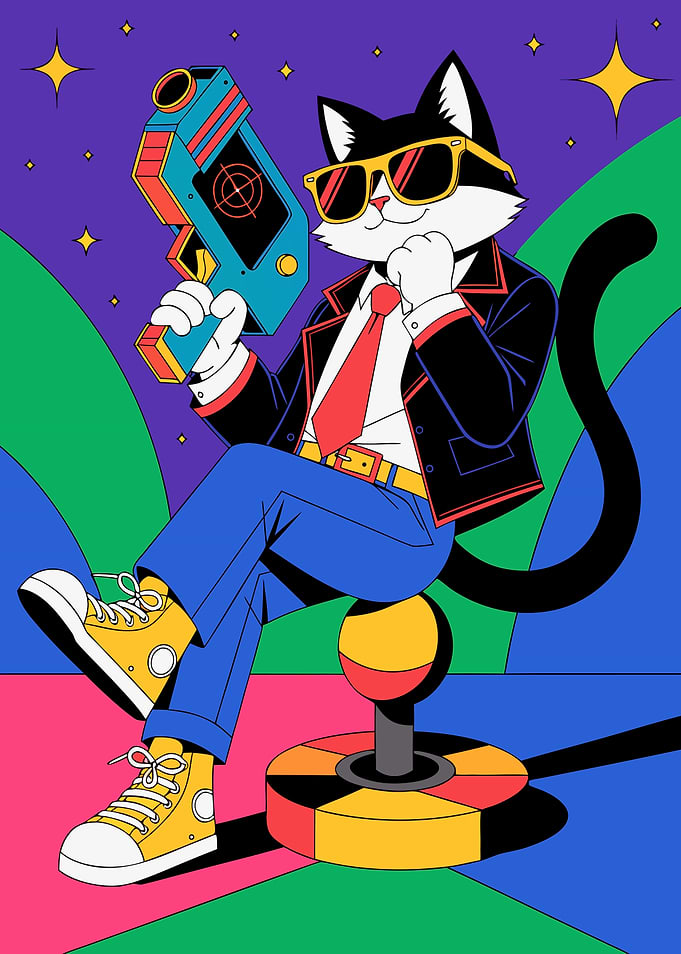 Cool Retro Gaming Cat Illustration