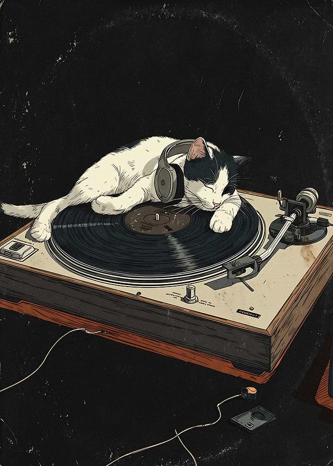 Cat Sleeping on a Vinyl Turntable