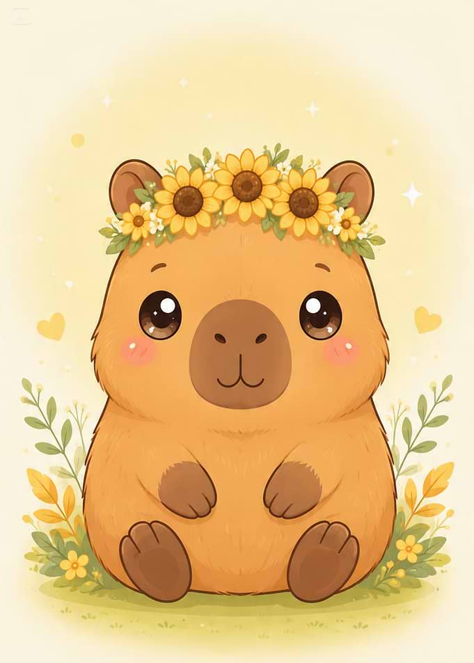 Cute Capybara with Sunflower Crown