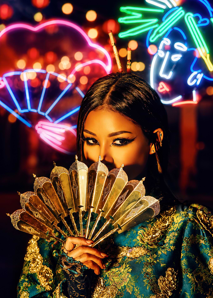Woman with Fan and Neon Lights