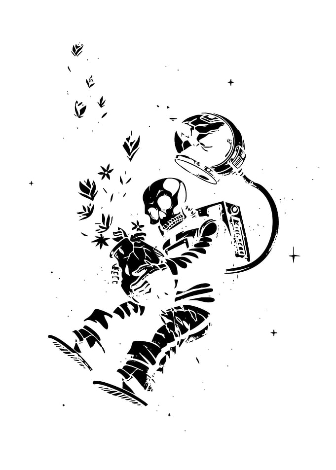 Skeleton Astronaut Holding Flowers in Space