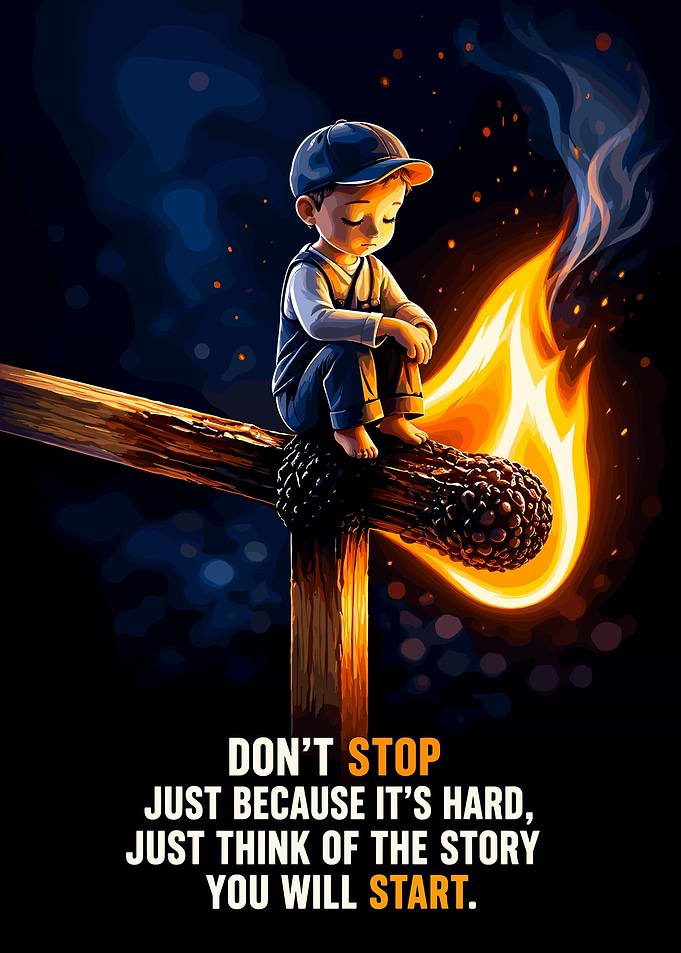 Inspirational Boy Sitting on Burning Match