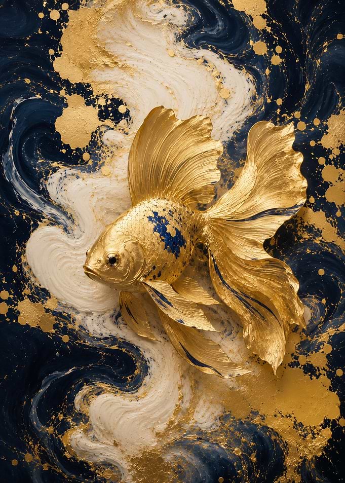 Gilded Goldfish in Navy Marble