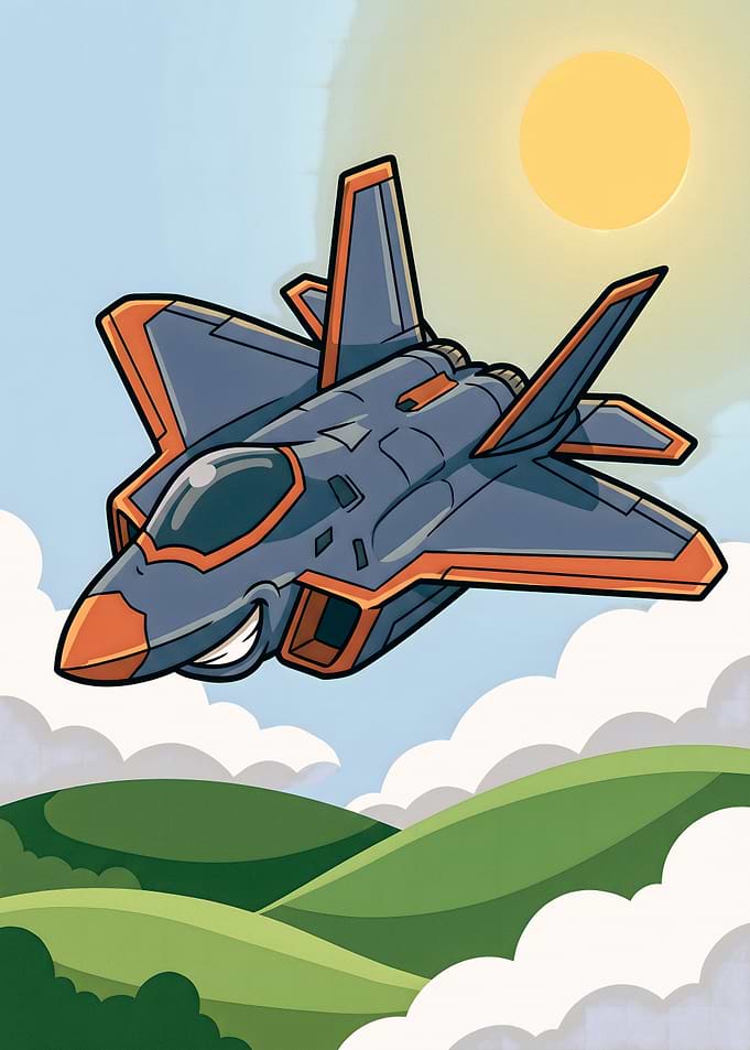 Cartoon Fighter Jet Flying Over Hills
