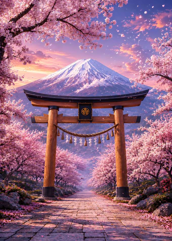 Mount Fuji Torii Gate Cherry Blossoms
