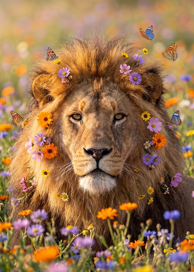 Lion with Flowers and Butterflies