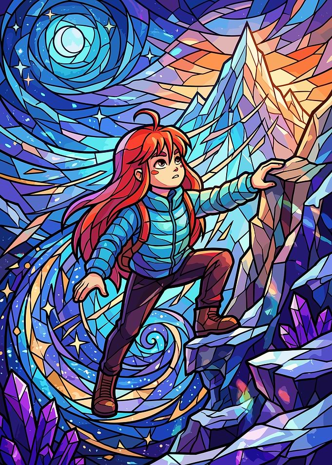 Madeline Climbing Celeste Mountain Stained Glass