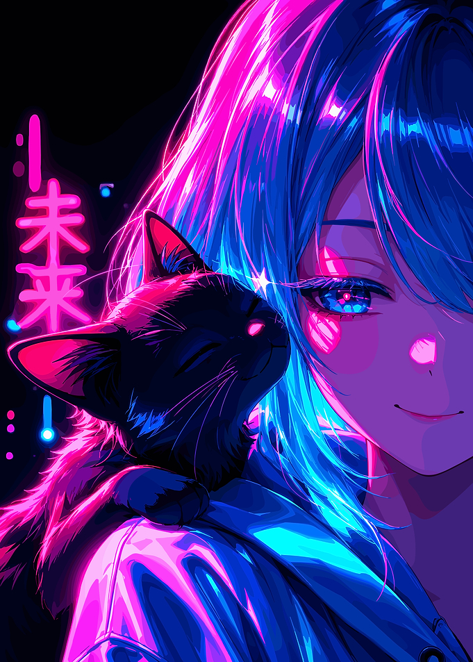 Anime Girl with Black Cat Neon