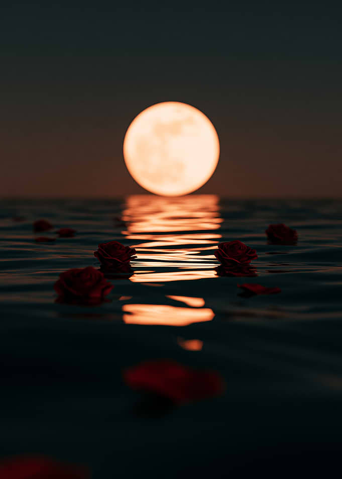 Red Roses Floating Under Full Moon