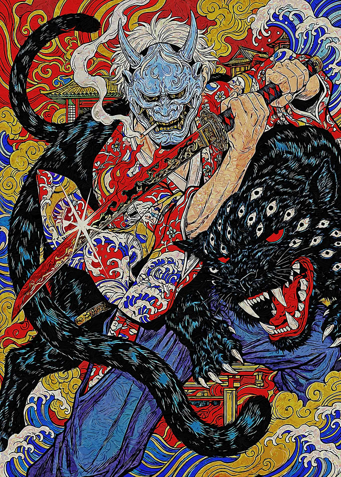 Oni Samurai with Multi-Eyed Beast
