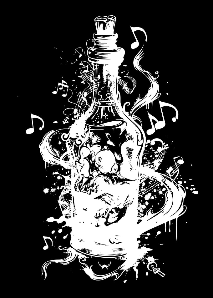 Skull in Bottle with Music Notes