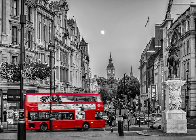 Street Scene with Full moon over London
