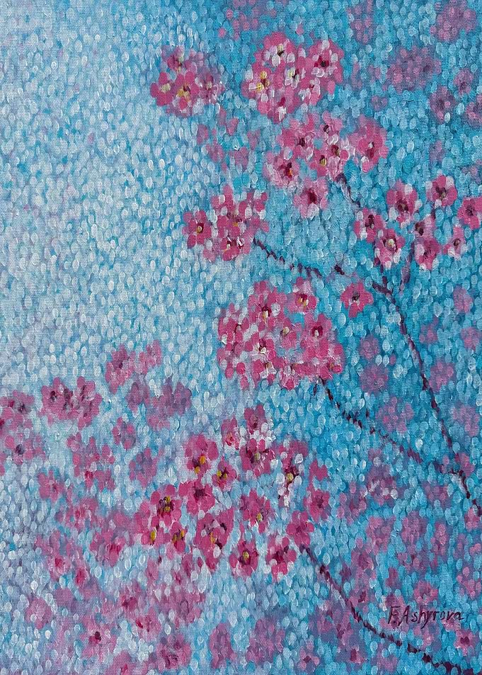 Pink Cherry Blossoms on Blue Background