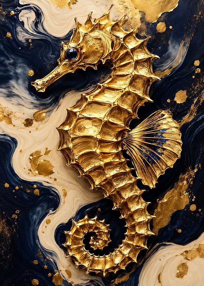Golden Seahorse in Navy Marble