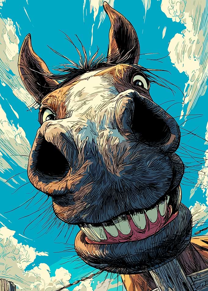Funny Horse Close-up Comic Illustration