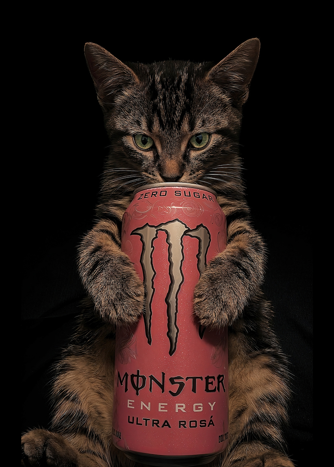 Tabby Cat Holding Monster Energy Drink