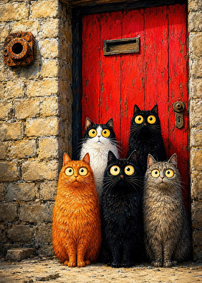 Five Cats Waiting at Red Door