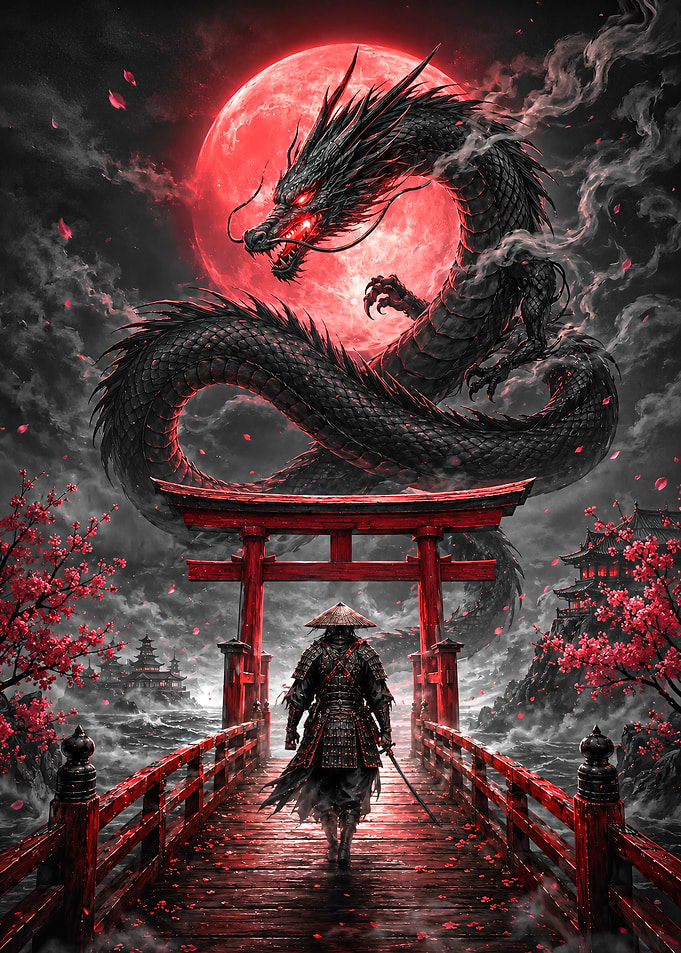 Samurai Facing a Red Dragon in Sea