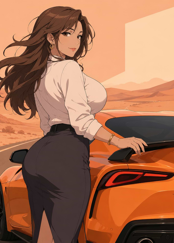Anime Woman Posing With Orange Car