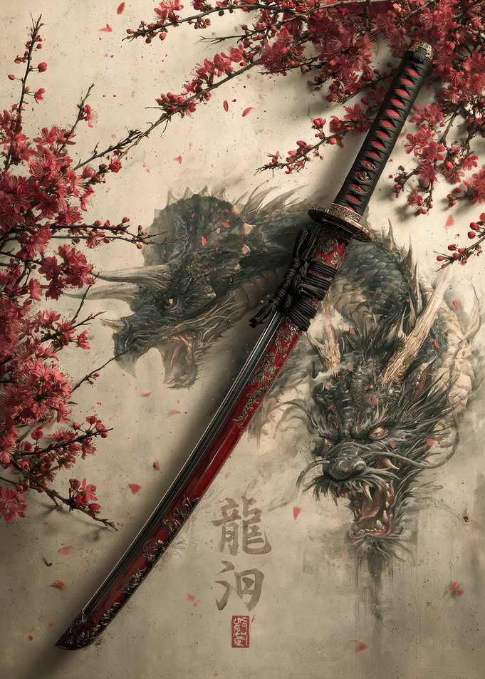 Katana Sword with Dragon and Blossoms