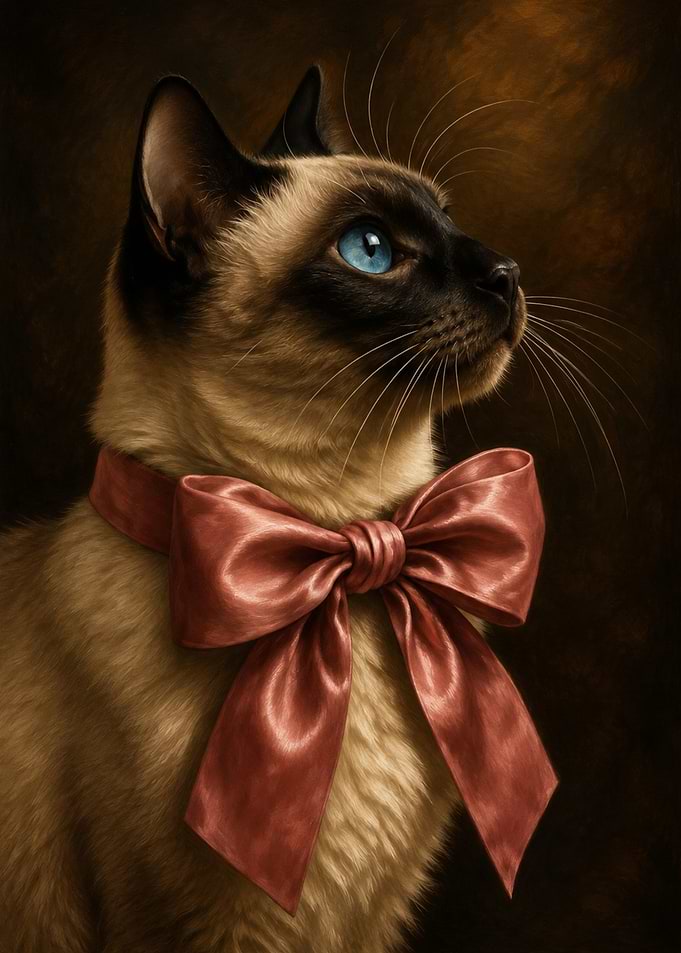 Siamese Cat with Red Bow Portrait