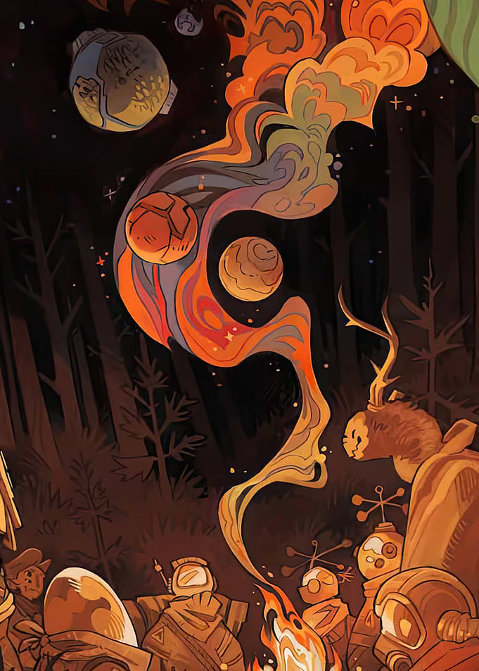 Astronauts Camping in a Cosmic Forest
