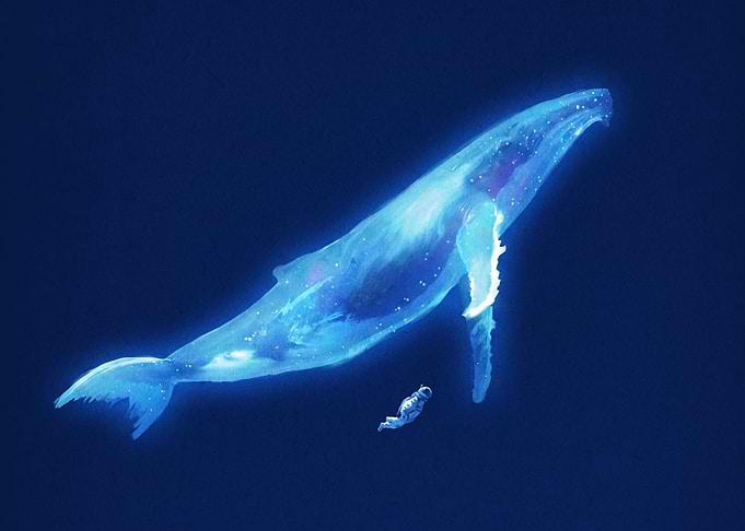 Astronaut Swimming with Cosmic Whale