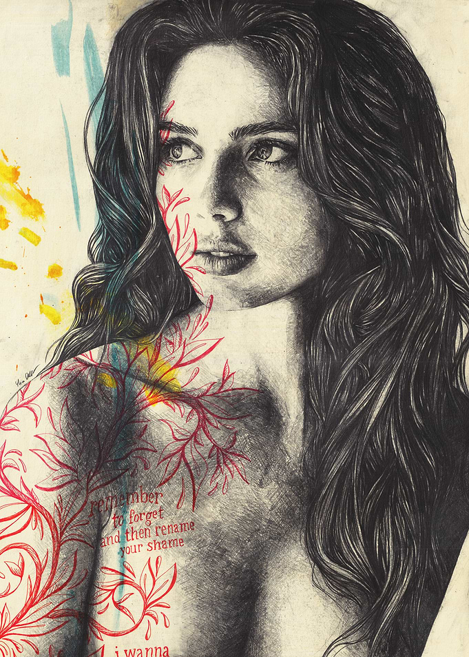 Woman with botanical doodle pattern