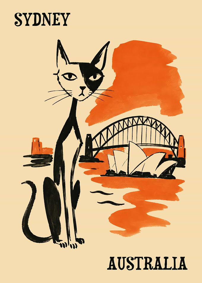 Vintage Sydney Australia Cat Travel Poster