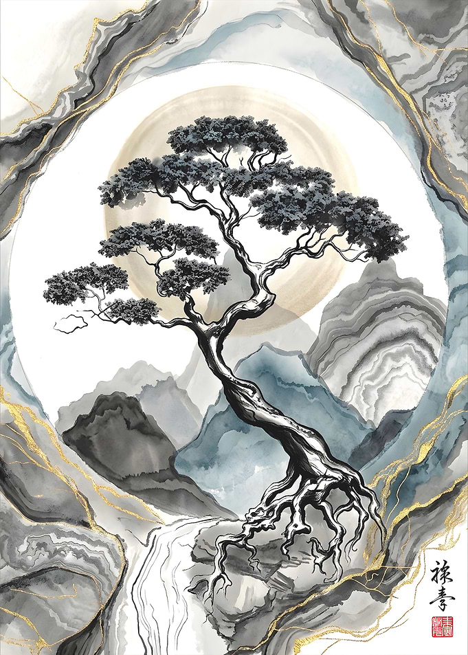 Ink Wash Bonsai Mountain Landscape