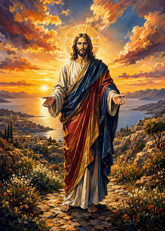 Jesus Christ Standing in Radiant Sunset