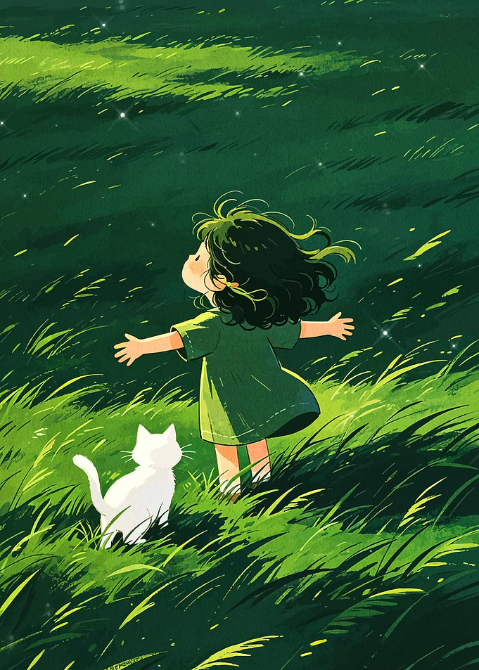 Girl and Cat in Green Field