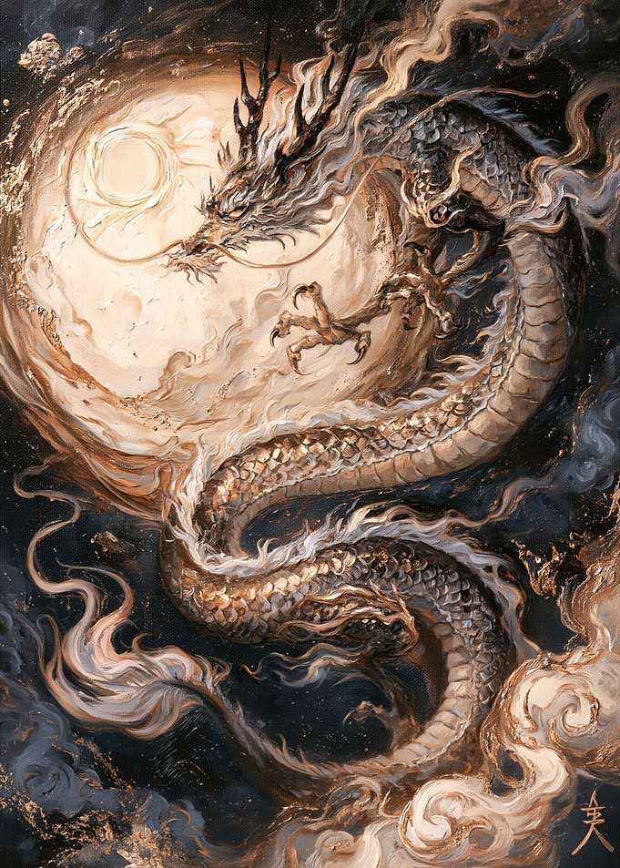 Majestic Golden Dragon and Moon
