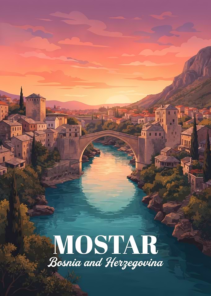 Mostar Bosnia and Herzegovina Travel Poster