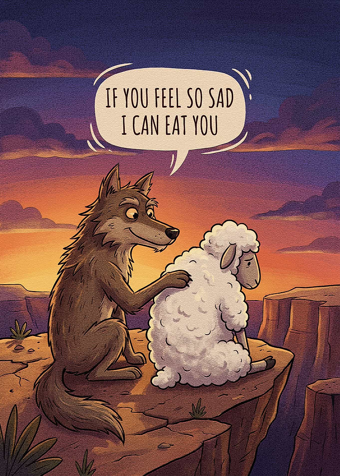 Wolf Comforting Sad Sheep Cartoon