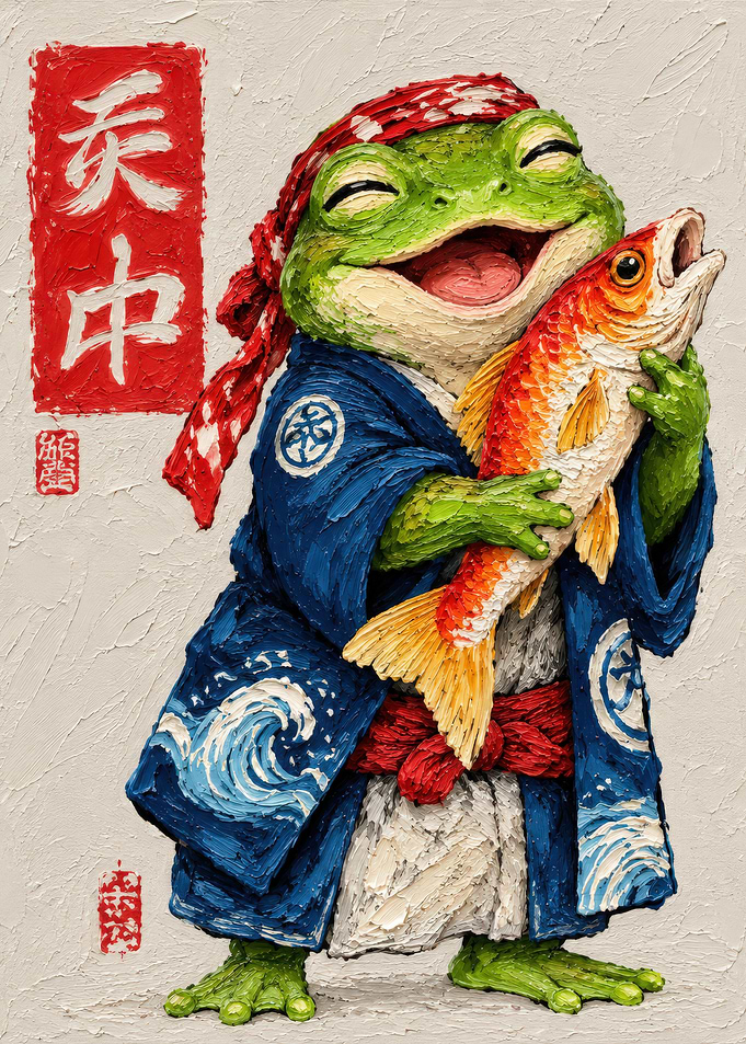 Happy Frog Fisherman in Kimono