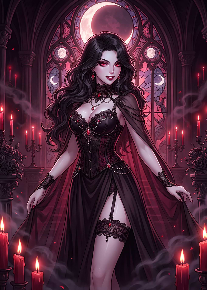 Gothic Vampire Queen in Candlelit Chamber