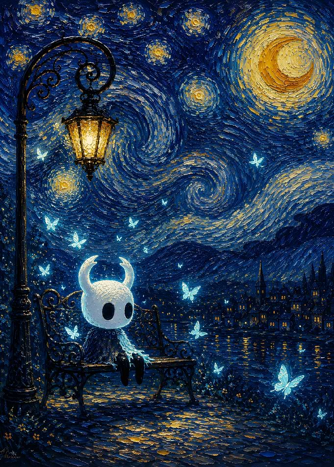 Hollow Knight in Starry Night Style