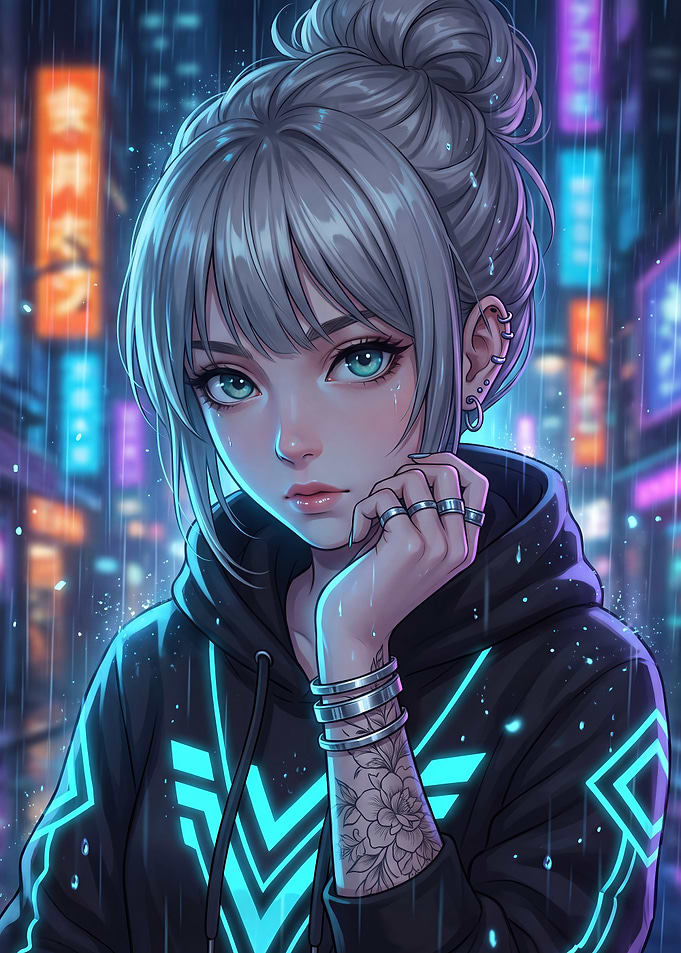 Cyberpunk Anime Girl in Rain