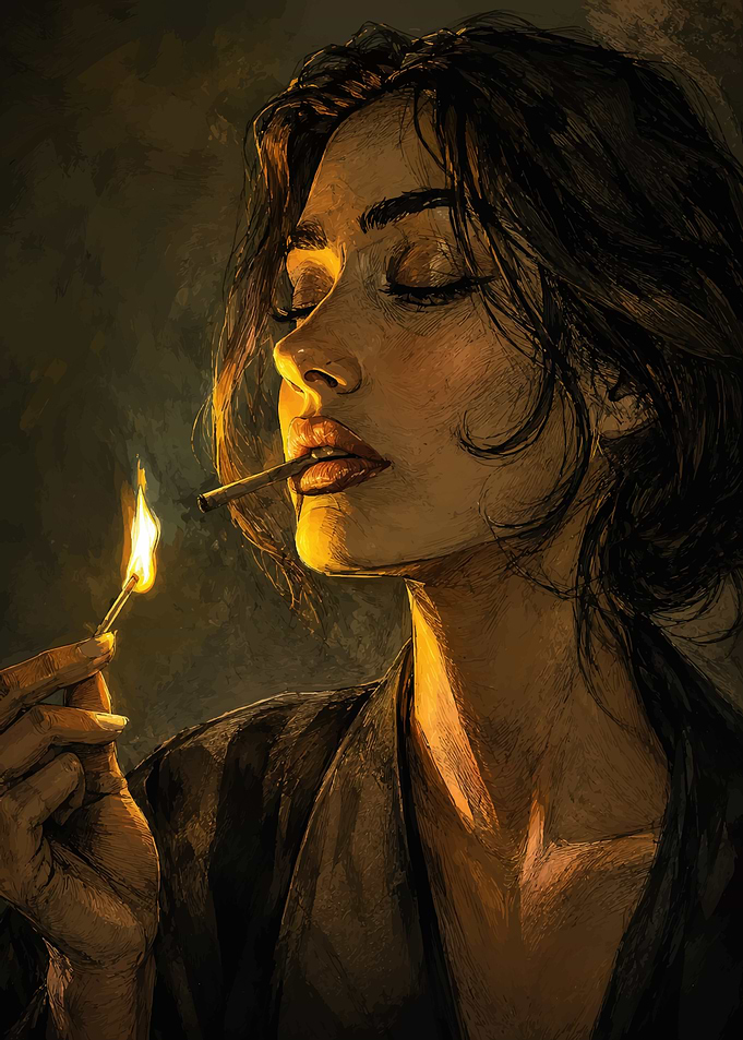 Woman Lighting Cigarette with Match