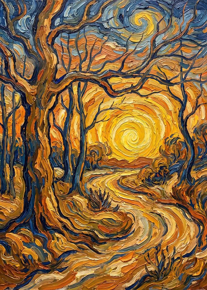 Van Gogh Style Golden Sunset Landscape