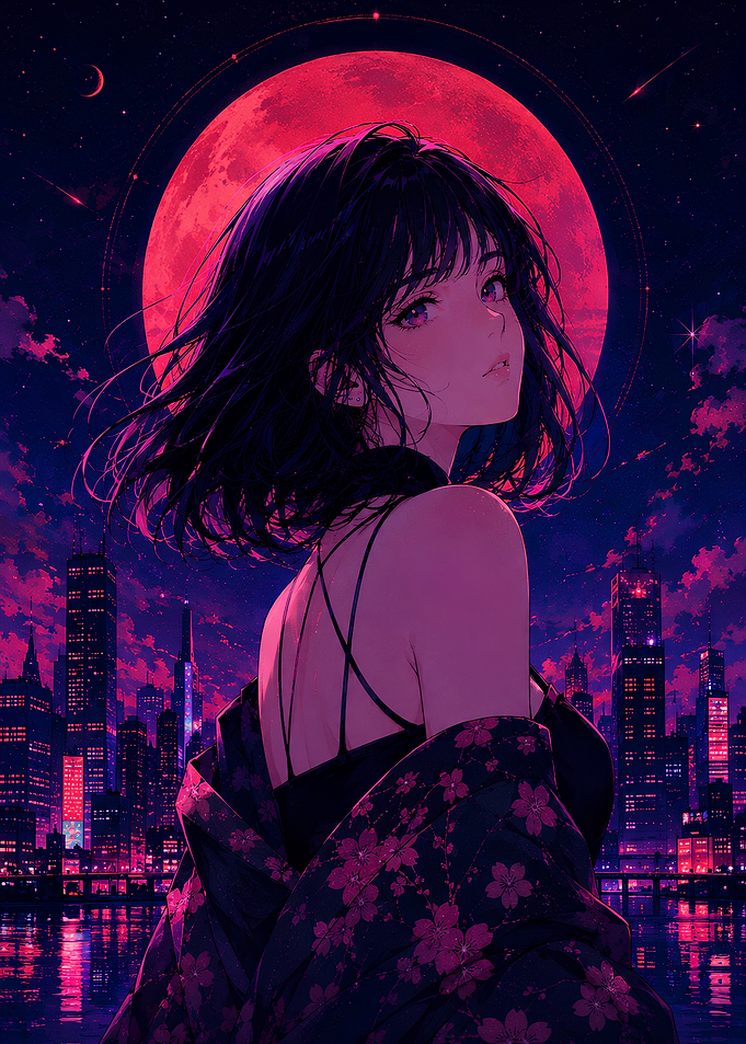 Anime Girl Under Red Moon