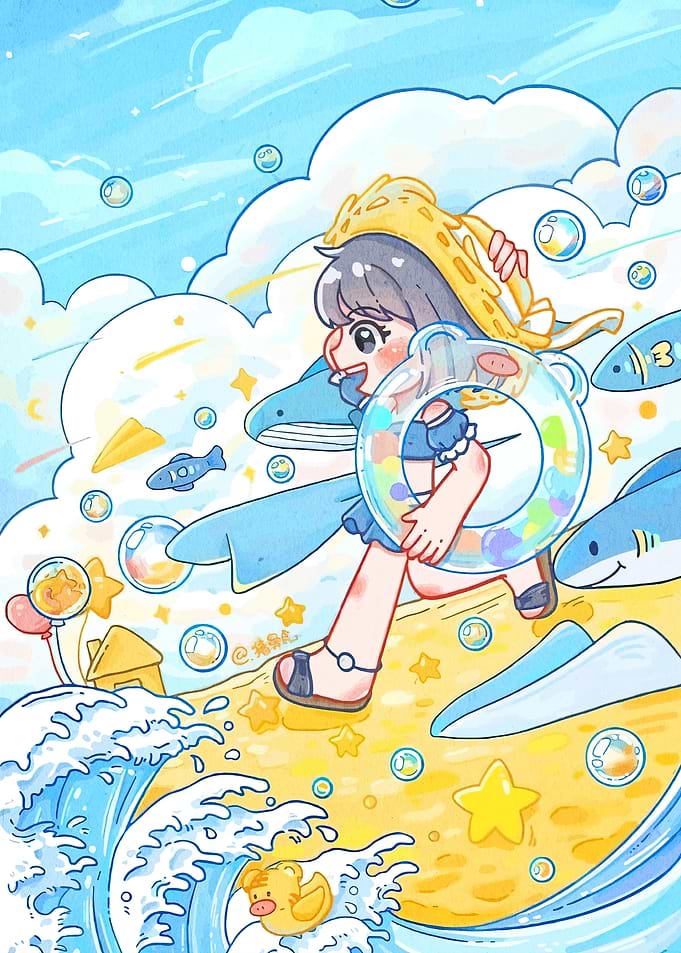 Anime Girl Running on Sunny Beach